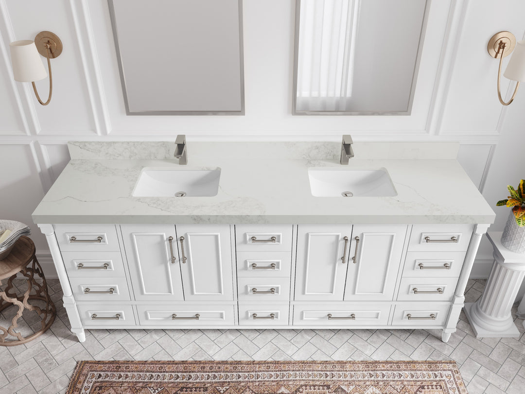 Aberdeen 84 in. W x 22 in. D double Sink Bathroom Vanity in White with 2 in Calacatta Nuvo Quartz Countertop – Top View