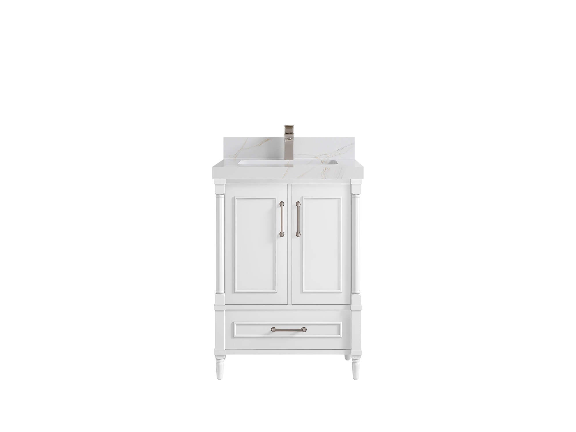 Aberdeen 24-inch bathroom vanity in White with Calacatta Sienna Quartz countertop, faucet view