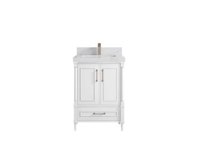 Aberdeen 24-inch bathroom vanity in White with Calacatta Sienna Quartz countertop, faucet view