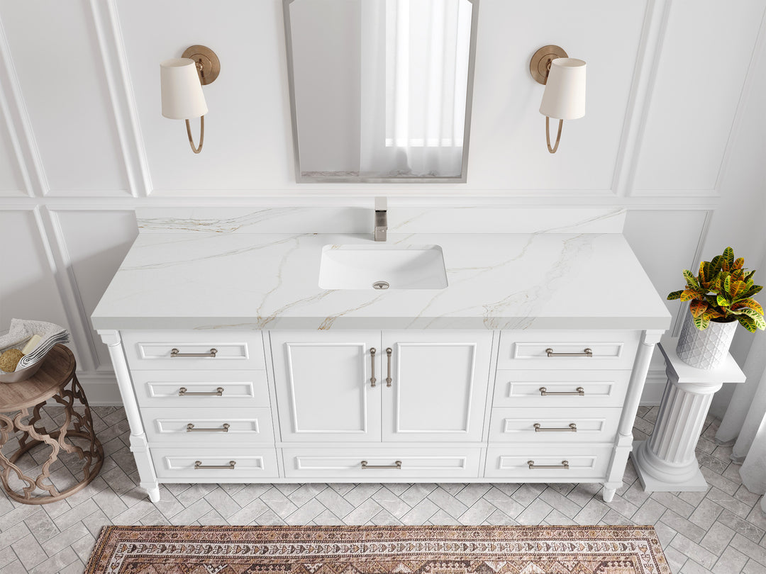 Aberdeen 72 in. W x 22 in. D Single Sink Bathroom Vanity in White with 2 in Calacatta Sienna Quartz Countertop - Top View