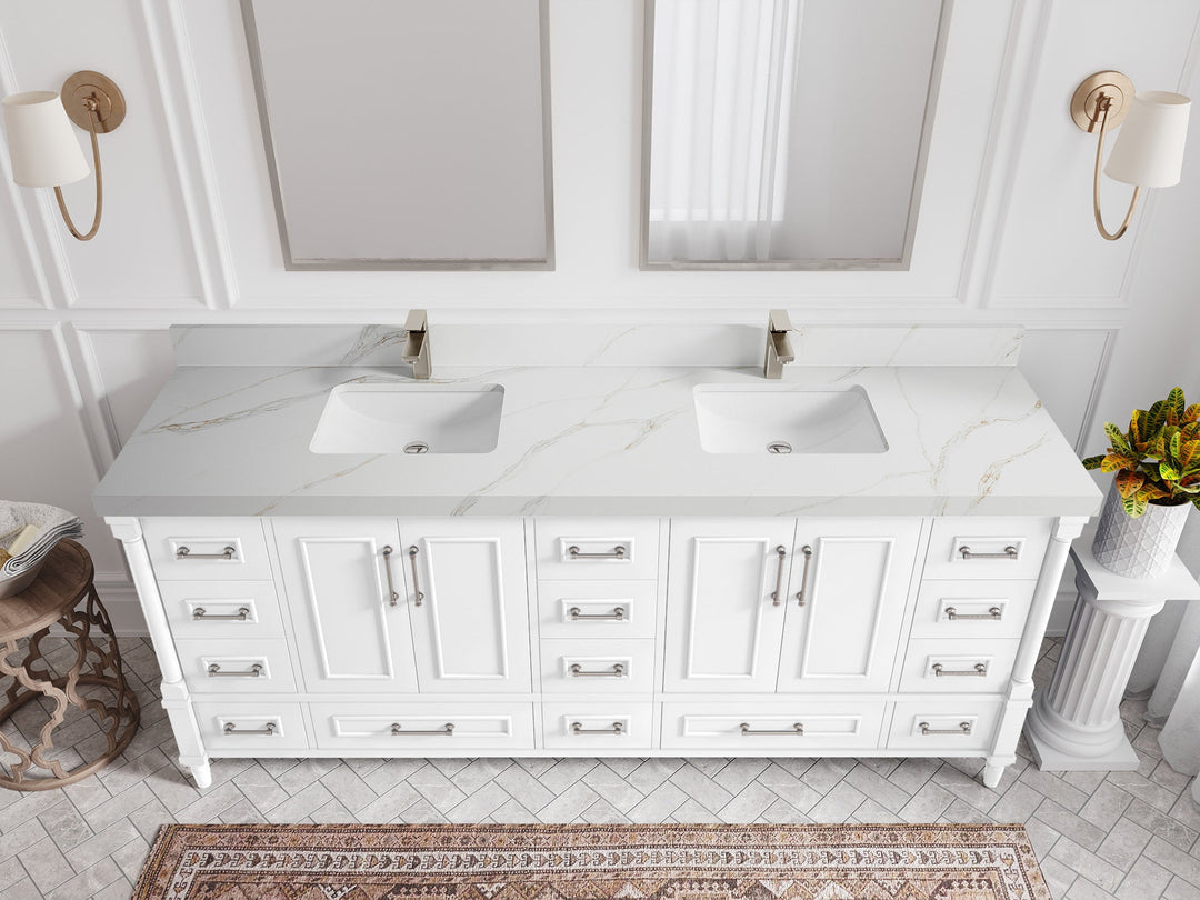 Aberdeen 80 in. W x 22 in. D Double Sink Bathroom Vanity in White with 2 in. Calacatta Sienna Quartz Countertop - Top View 