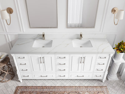 Aberdeen 80 in. W x 22 in. D Double Sink Bathroom Vanity in White with 2 in. Calacatta Sienna Quartz Countertop - Top View