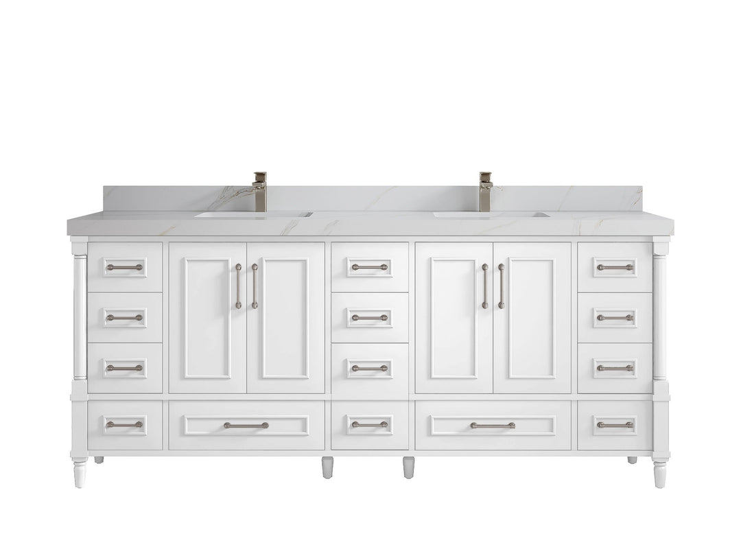 Aberdeen 80 in. W x 22 in. D Double Sink Bathroom Vanity in White with 2 in. Calacatta Sienna Quartz Countertop