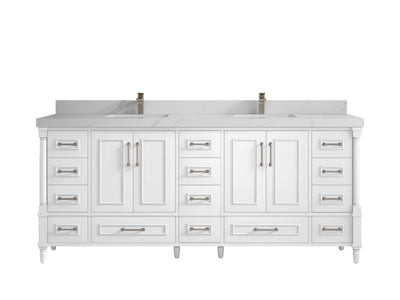 Aberdeen 80 in. W x 22 in. D Double Sink Bathroom Vanity in White with 2 in. Calacatta Sienna Quartz Countertop