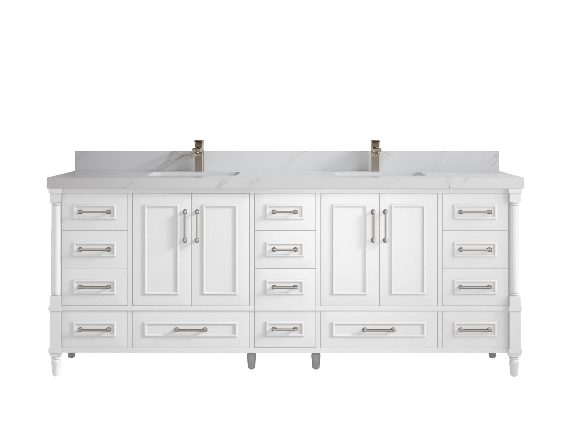 Aberdeen 84 in. W x 22 in. D double Sink Bathroom Vanity in White with 2 in Calacatta Sienna Quartz Countertop