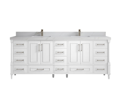Aberdeen 84 in. W x 22 in. D double Sink Bathroom Vanity in White with 2 in Calacatta Sienna Quartz Countertop
