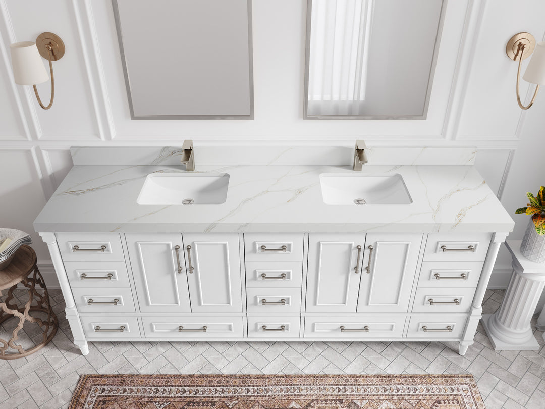 Aberdeen 84 in. W x 22 in. D double Sink Bathroom Vanity in White with 2 in Calacatta Sienna Quartz Countertop – Top View
