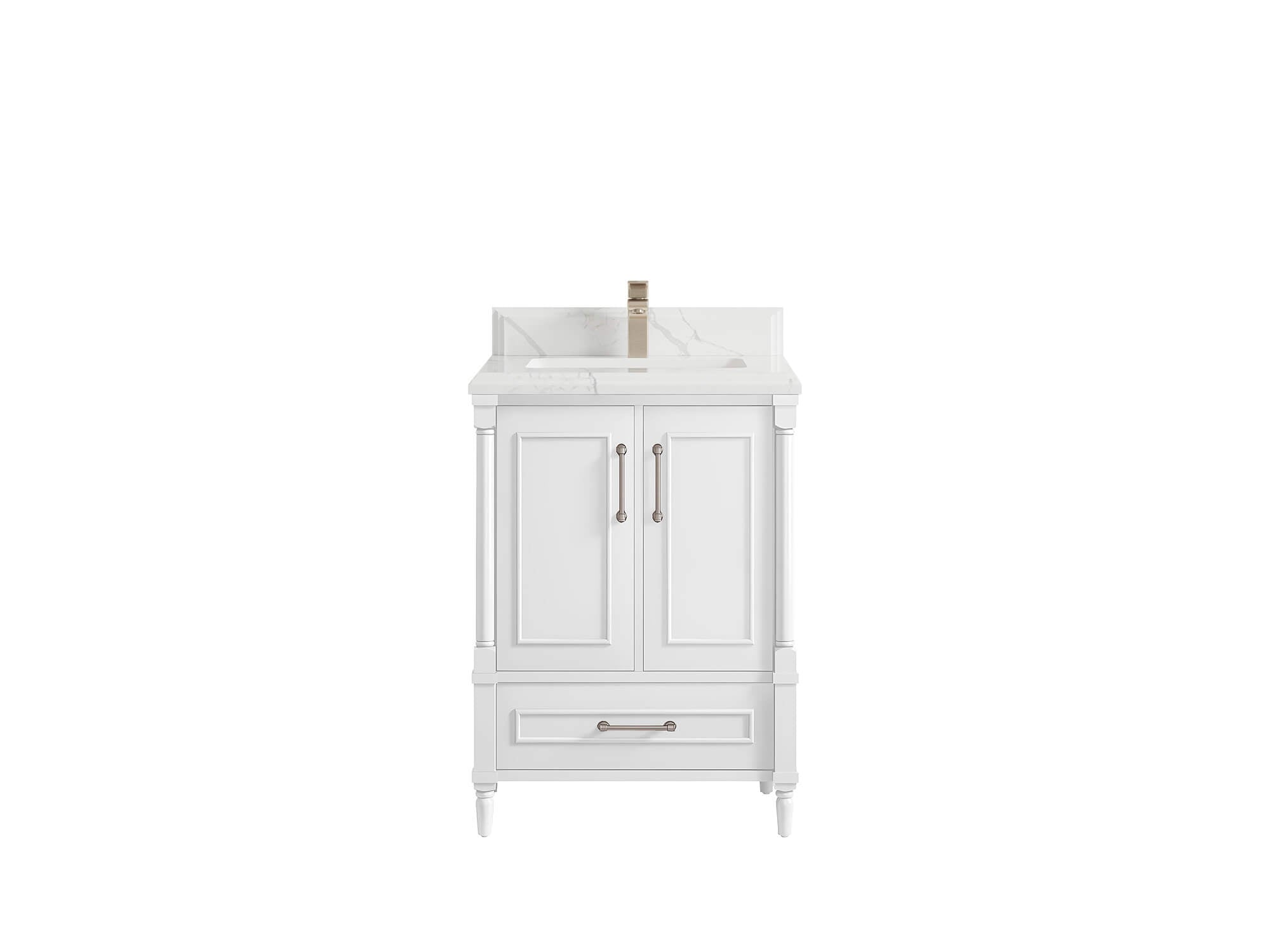 Aberdeen 24-inch bathroom vanity in White with double-cove Calacatta Laza Quartz countertop, faucet view
