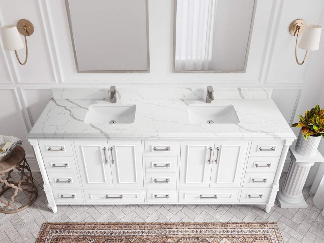Aberdeen 80 in. W x 22 in. D Double Sink Bathroom Vanity in White with Double Cove Edge 1.5 in Calacatta Laza Quartz Countertop - Top View 