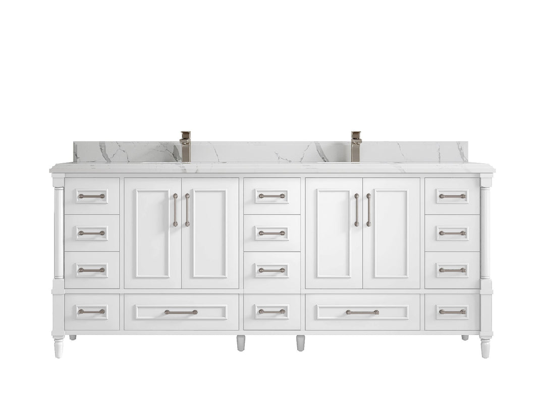 Aberdeen 80 in. W x 22 in. D Double Sink Bathroom Vanity in White with Double Cove Edge 1.5 in Calacatta Laza Quartz Countertop
