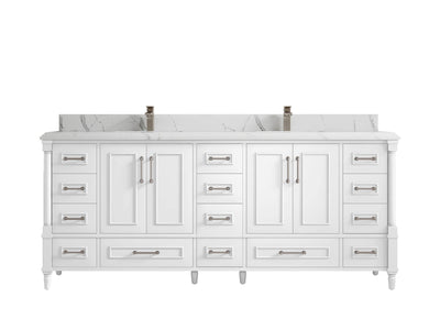 Aberdeen 80 in. W x 22 in. D Double Sink Bathroom Vanity in White with Double Cove Edge 1.5 in Calacatta Laza Quartz Countertop