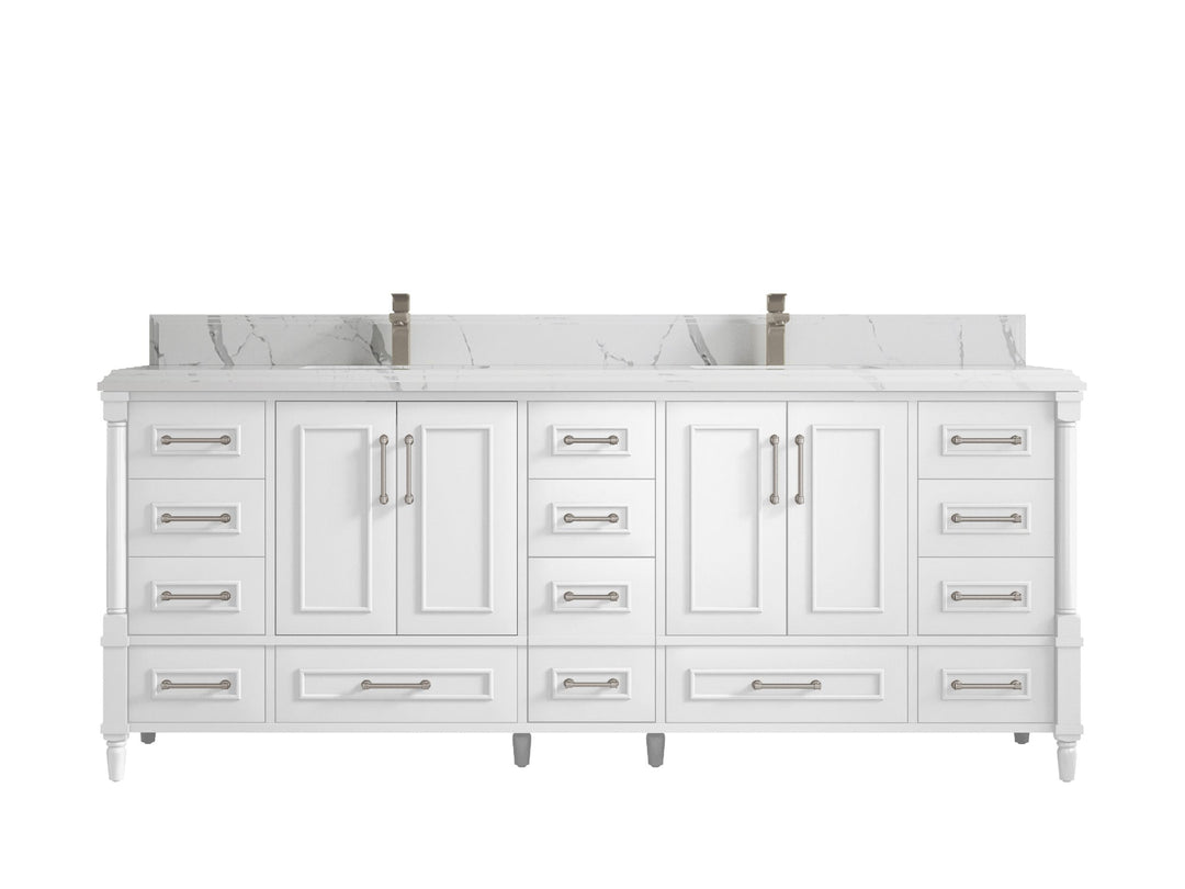 Aberdeen 84 in. W x 22 in. D double Sink Bathroom Vanity in White with 1.5 in Calacatta Laza Quartz Countertop