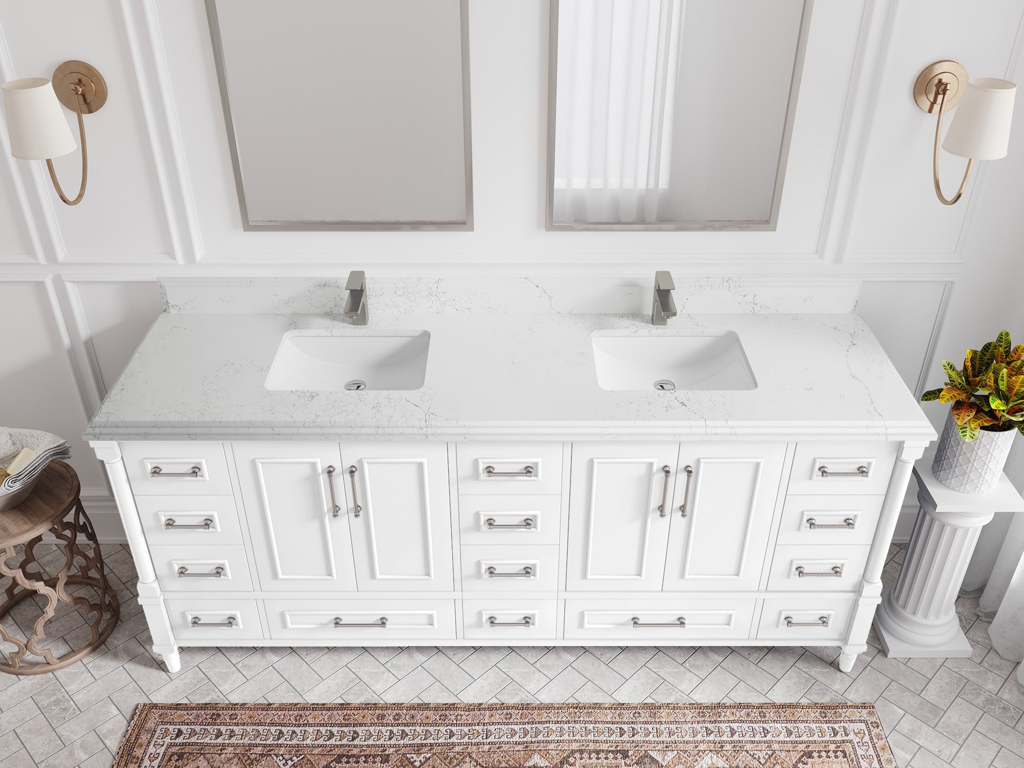 Aberdeen 80 in. W x 22 in. D Double Sink Bathroom Vanity in White with Double Cove Edge 1.5 in Empira White Quartz Countertop - Top View