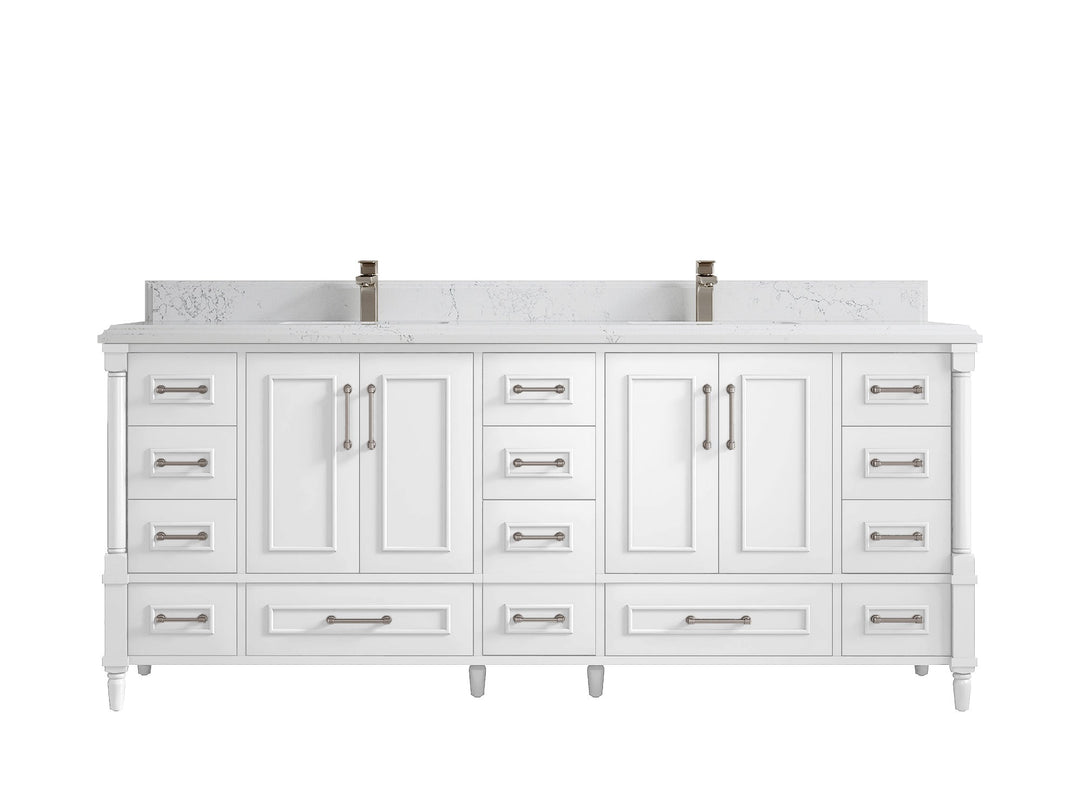 Aberdeen 80 in. W x 22 in. D Double Sink Bathroom Vanity in White with Double Cove Edge 1.5 in Empira White Quartz Countertop