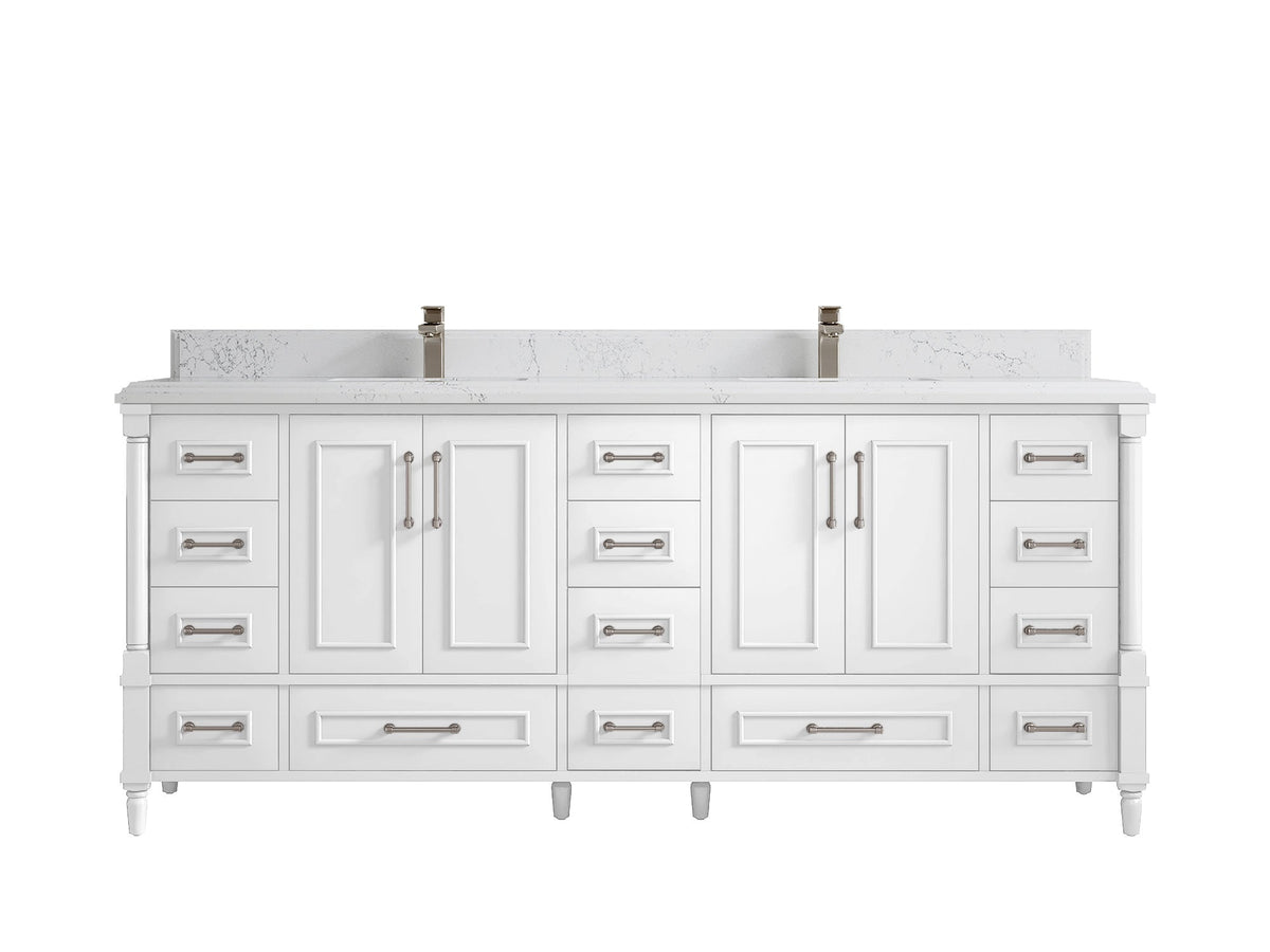 Aberdeen 80 in. W x 22 in. D Double Sink Bathroom Vanity in White with Double Cove Edge 1.5 in Empira White Quartz Countertop