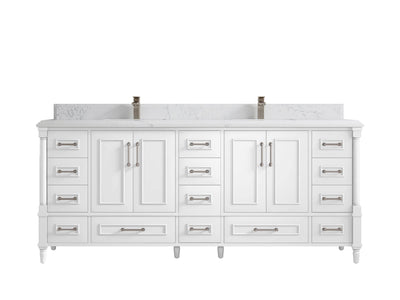 Aberdeen 80 in. W x 22 in. D Double Sink Bathroom Vanity in White with Double Cove Edge 1.5 in Empira White Quartz Countertop