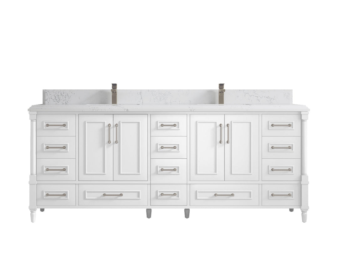 Aberdeen 84 in. W x 22 in. D double Sink Bathroom Vanity in White with 1.5 in Empira White Quartz Countertop