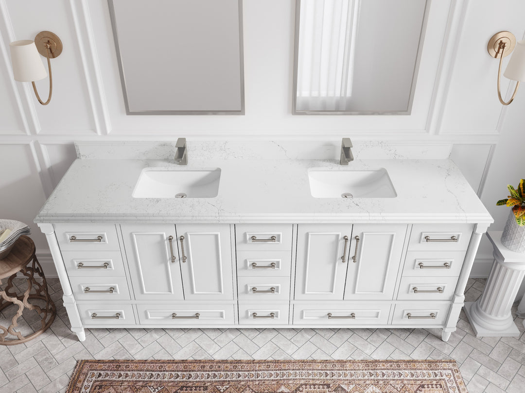 Aberdeen 84 in. W x 22 in. D double Sink Bathroom Vanity in White with 1.5 in Empira White Quartz Countertop – Top View