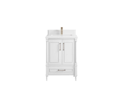 Aberdeen 24-inch bathroom vanity in White with double-cove White Quartz countertop, faucet view