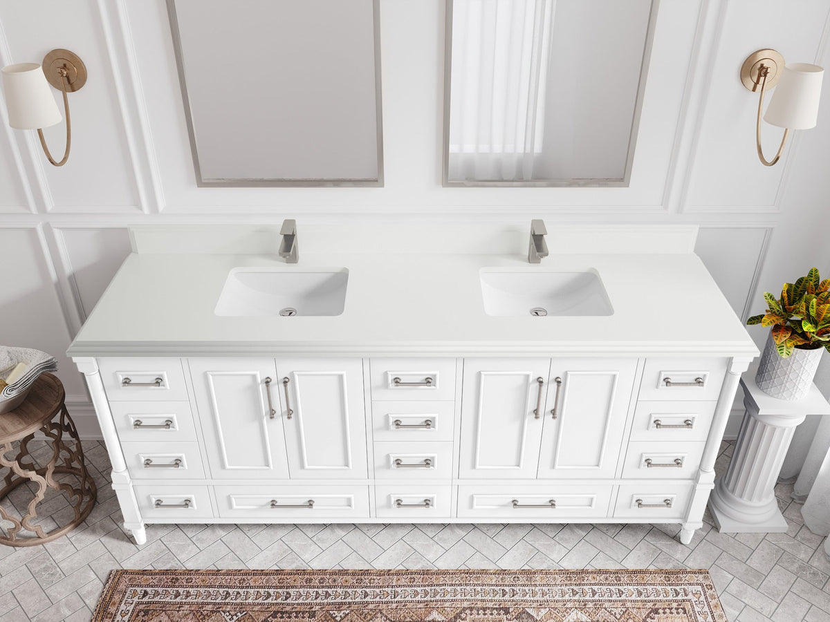 Aberdeen 80 in. W x 22 in. D Double Sink Bathroom Vanity in White with Double Cove Edge 1.5 in White Quartz Countertop - Top View