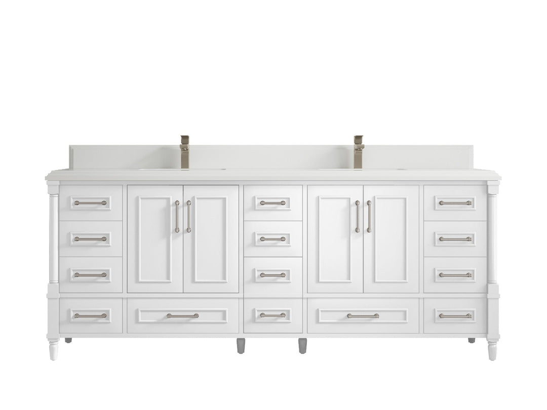 Aberdeen 84 in. W x 22 in. D double Sink Bathroom Vanity in White with 1.5 in White Quartz Countertop