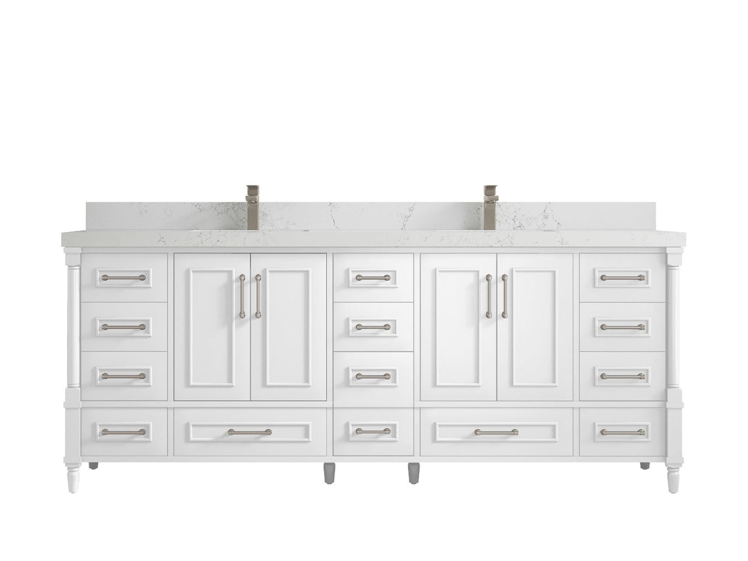 Aberdeen 84 in. W x 22 in. D double Sink Bathroom Vanity in White with 2 in Empira White Quartz Countertop