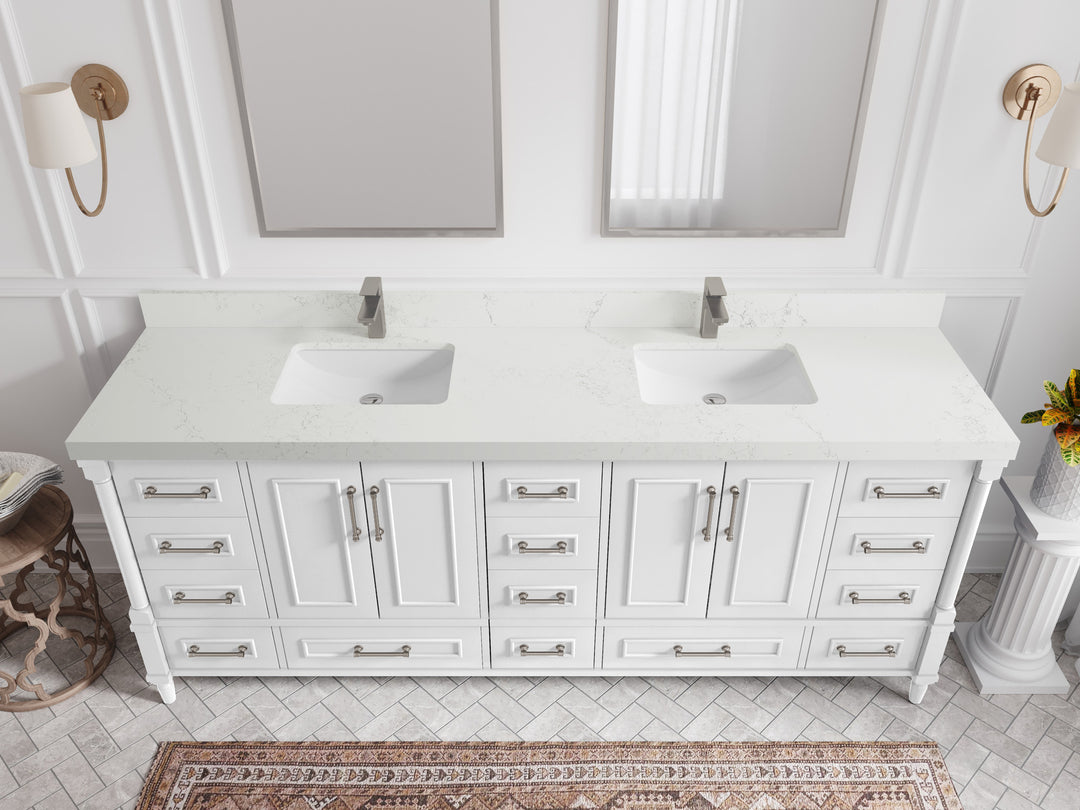 Aberdeen 84 in. W x 22 in. D double Sink Bathroom Vanity in White with 2 in Empira White Quartz Countertop – Top View