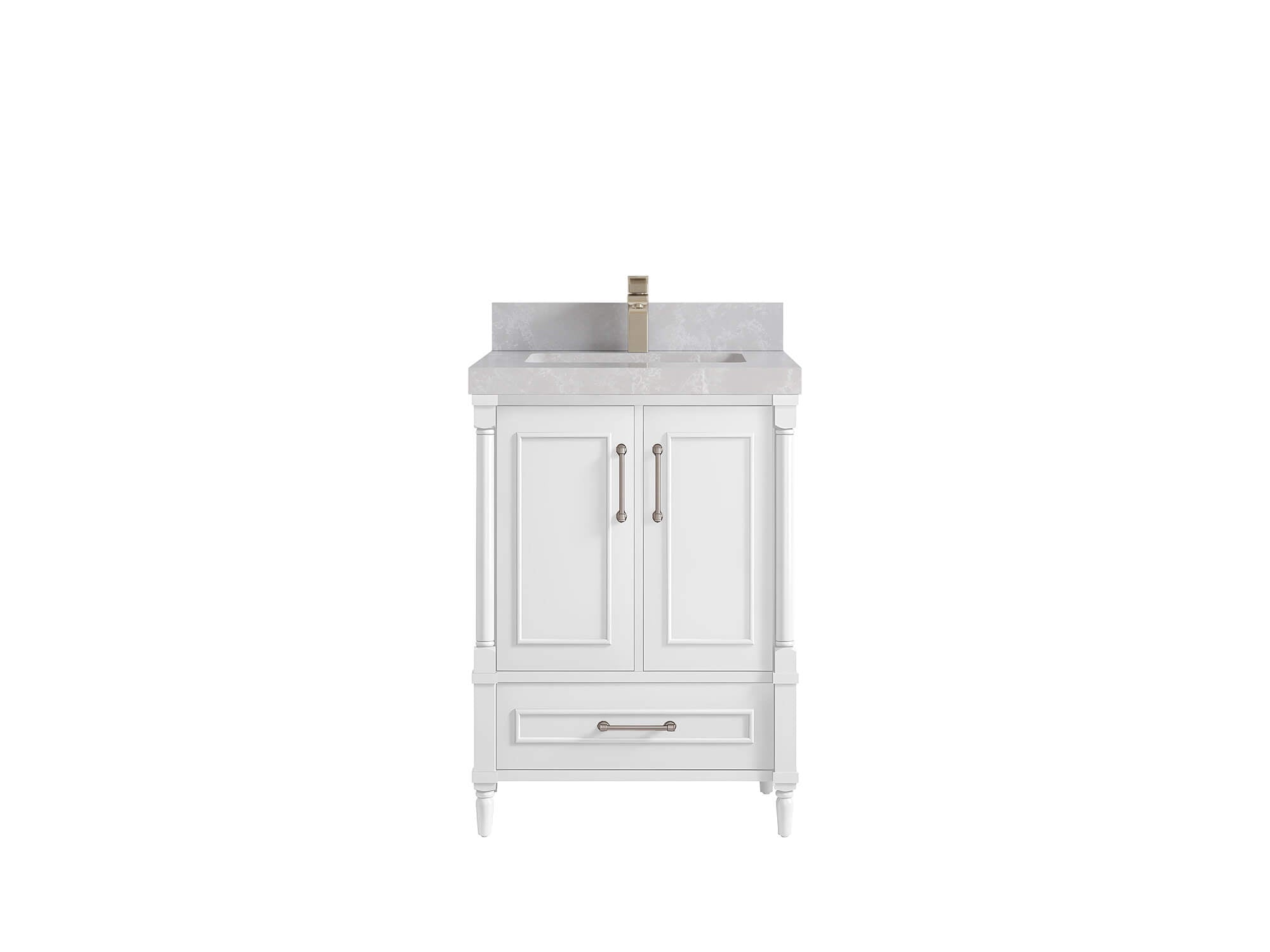 Aberdeen 24-inch bathroom vanity in White with Pearl Light Gray Quartz countertop, faucet view