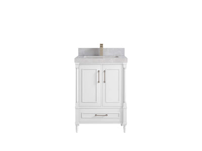 Aberdeen 24-inch bathroom vanity in White with Pearl Light Gray Quartz countertop, faucet view