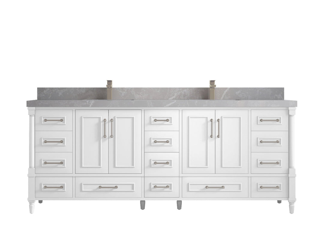 Aberdeen 84 in. W x 22 in. D double Sink Bathroom Vanity in White with 2 in Pearl Light Gray Quartz Countertop