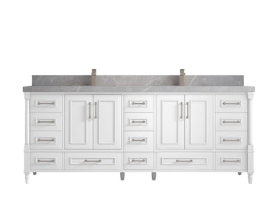 Aberdeen 84 in. W x 22 in. D double Sink Bathroom Vanity in White with 2 in Pearl Light Gray Quartz Countertop