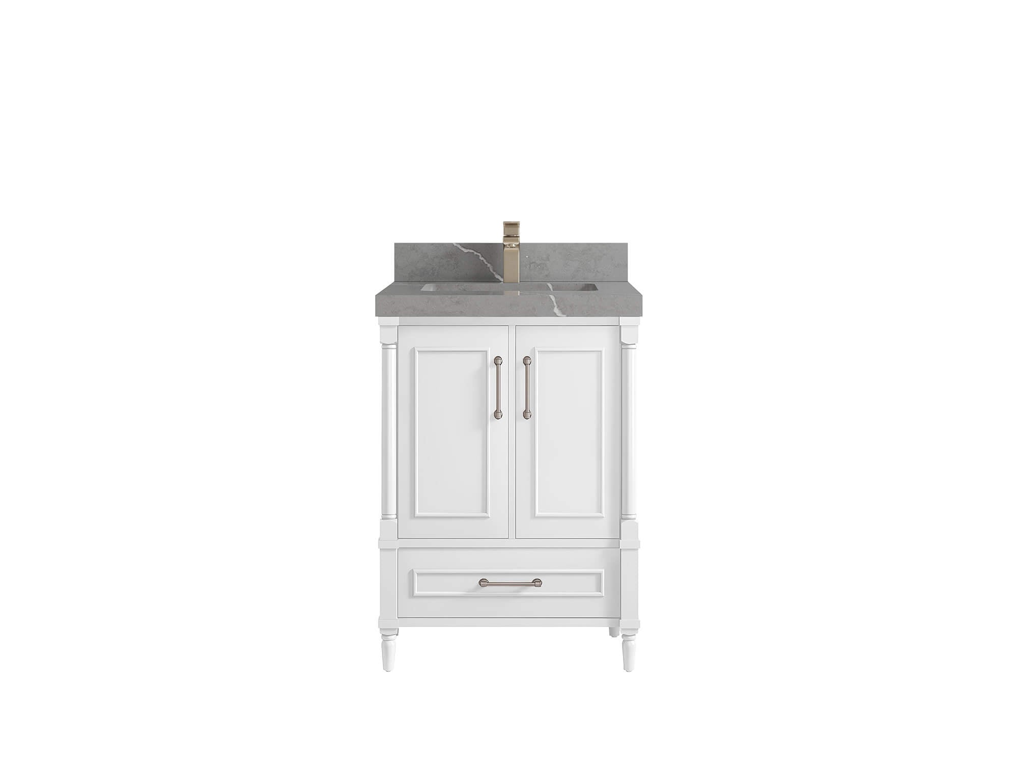 Aberdeen 24-inch bathroom vanity in White with Piatra Gray Quartz countertop, faucet view