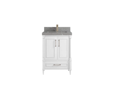 Aberdeen 24-inch bathroom vanity in White with Piatra Gray Quartz countertop, faucet view