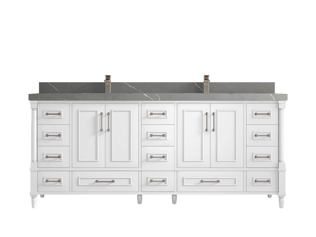 Aberdeen 80 in. W x 22 in. D Double Sink Bathroom Vanity in White with 2 in. Piatra Gray Quartz Countertop