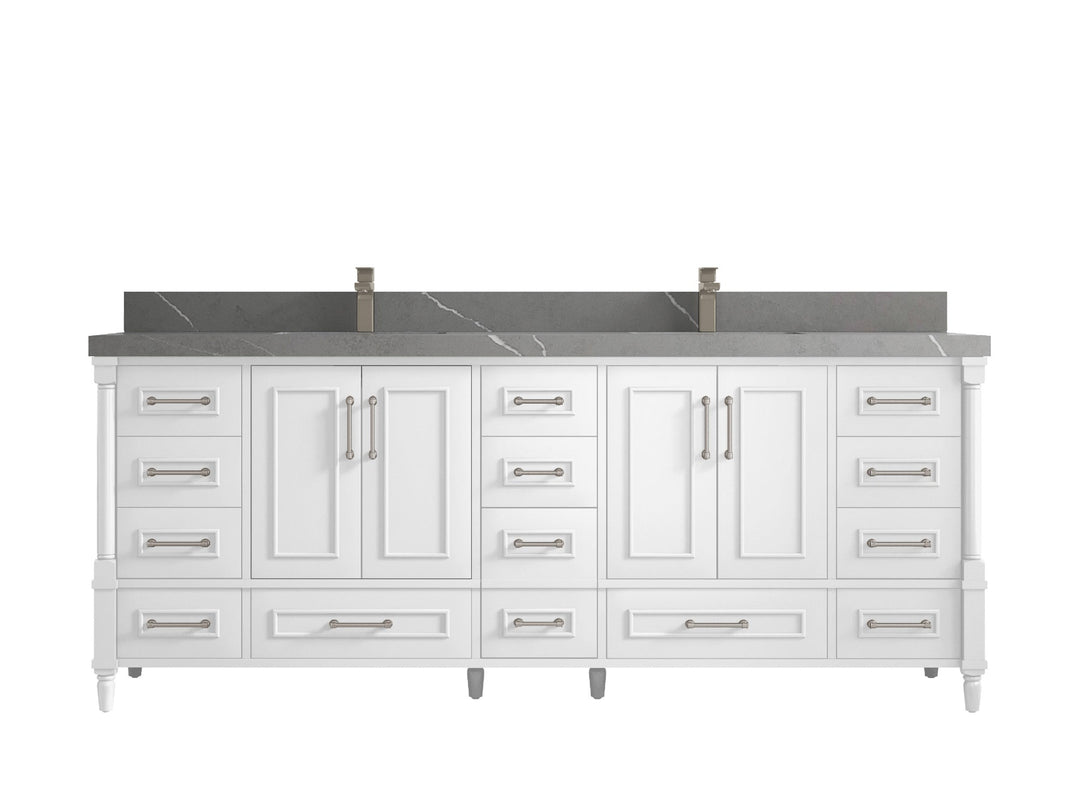 Aberdeen 84 in. W x 22 in. D double Sink Bathroom Vanity in White with 2 in Piatra Gray Quartz Countertop