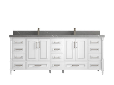 Aberdeen 84 in. W x 22 in. D double Sink Bathroom Vanity in White with 2 in Piatra Gray Quartz Countertop