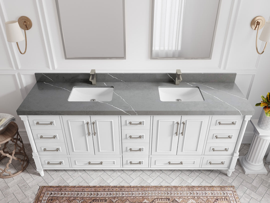Aberdeen 84 in. W x 22 in. D double Sink Bathroom Vanity in White with 2 in Piatra Gray Quartz Countertop – Top View