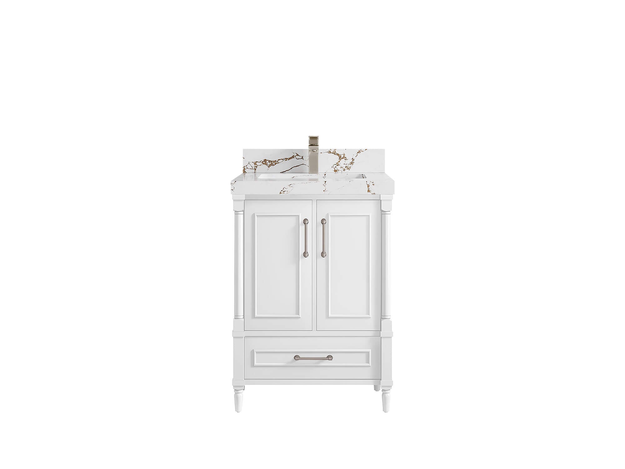 Aberdeen 24-inch bathroom vanity in White with Viola Brown Quartz countertop, faucet view