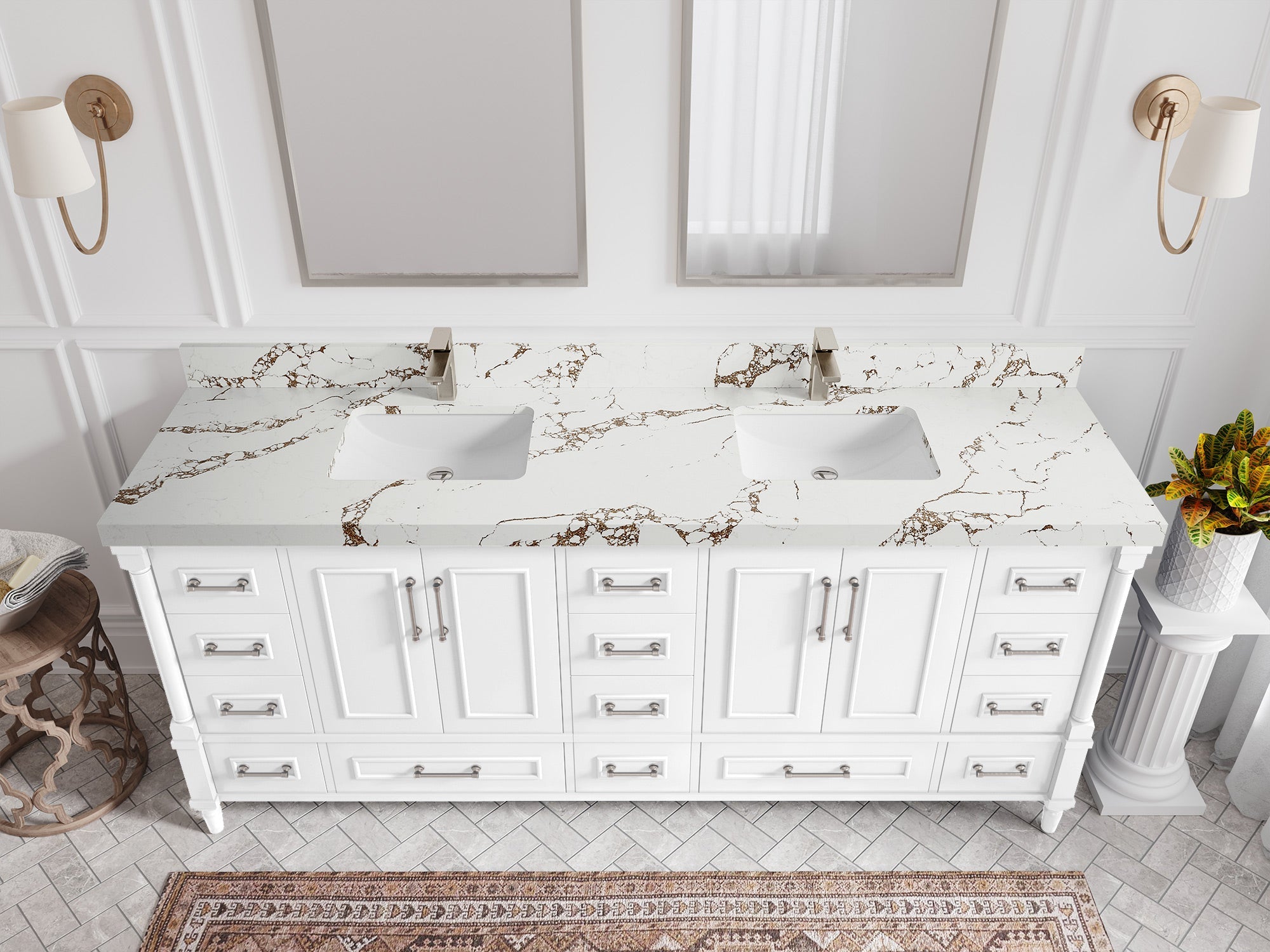 Aberdeen 80 in. W x 22 in. D Double Sink Bathroom Vanity in White with 2 in. Viola Brown Quartz Countertop - Top View