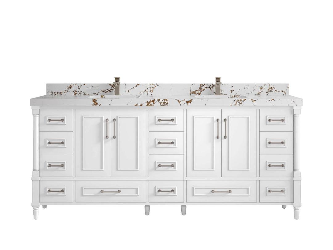 Aberdeen 80 in. W x 22 in. D Double Sink Bathroom Vanity in White with 2 in. Viola Brown Quartz Countertop