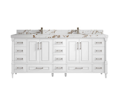 Aberdeen 80 in. W x 22 in. D Double Sink Bathroom Vanity in White with 2 in. Viola Brown Quartz Countertop