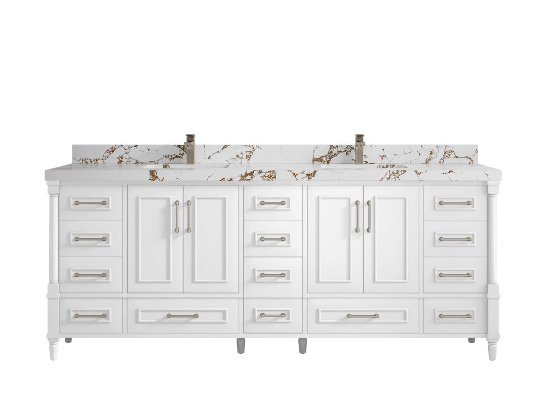 Aberdeen 84 in. W x 22 in. D double Sink Bathroom Vanity in White with 2 in Viola Brown Quartz Countertop