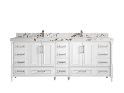 Aberdeen 84 in. W x 22 in. D double Sink Bathroom Vanity in White with 2 in Viola Brown Quartz Countertop