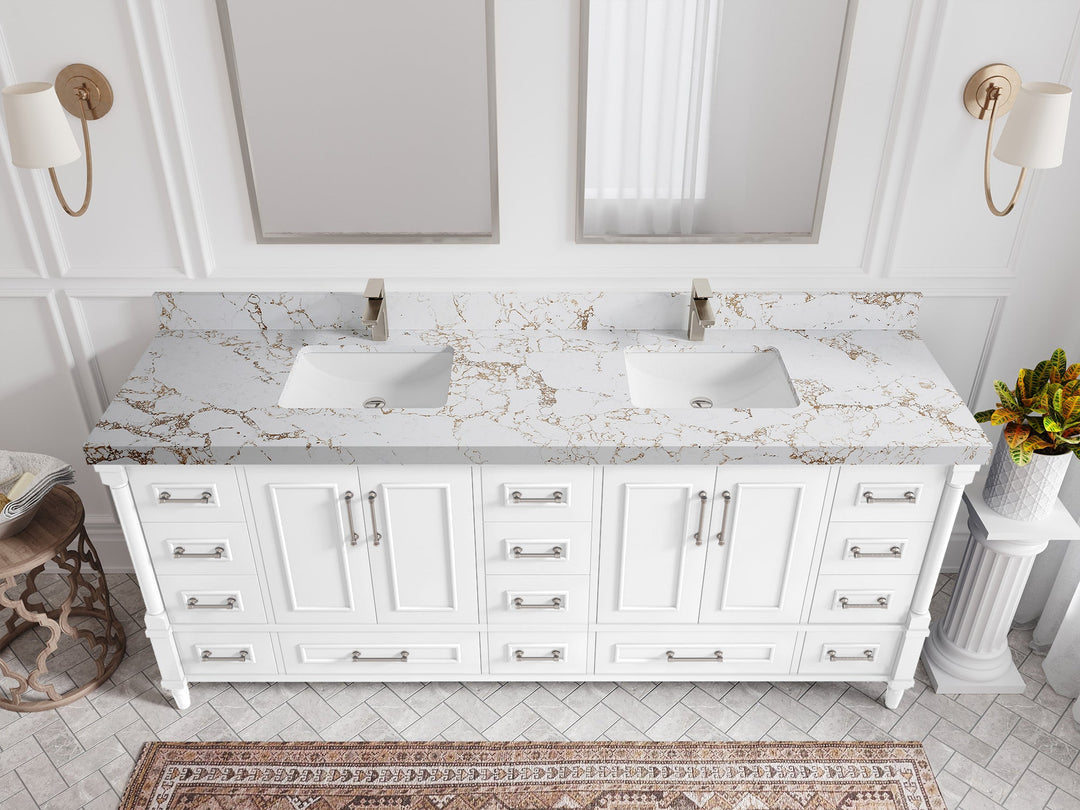 Aberdeen 80 in. W x 22 in. D Double Sink Bathroom Vanity in White with 2 in. Viola Gold Quartz Countertop - Top View 