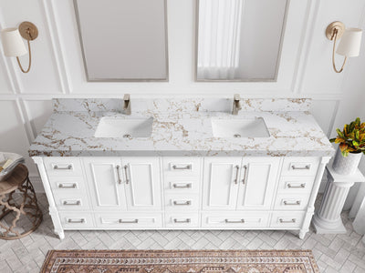 Aberdeen 80 in. W x 22 in. D Double Sink Bathroom Vanity in White with 2 in. Viola Gold Quartz Countertop - Top View