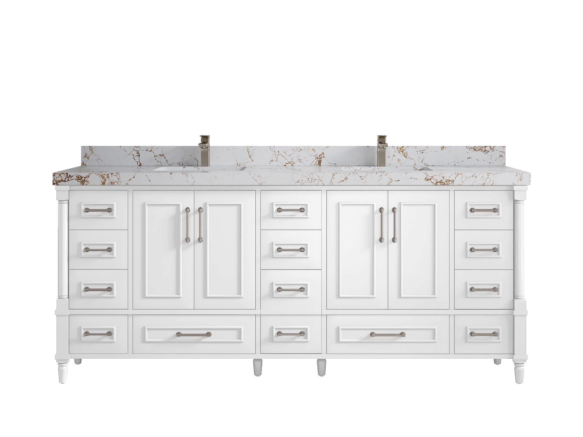 Aberdeen 80 in. W x 22 in. D Double Sink Bathroom Vanity in White with 2 in. Viola Gold Quartz Countertop