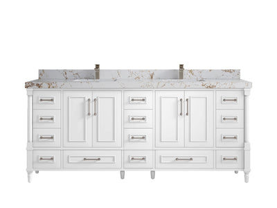 Aberdeen 80 in. W x 22 in. D Double Sink Bathroom Vanity in White with 2 in. Viola Gold Quartz Countertop