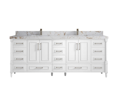 Aberdeen 84 in. W x 22 in. D double Sink Bathroom Vanity in White with 2 in Viola Gold Quartz Countertop