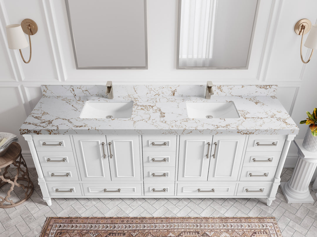 Aberdeen 84 in. W x 22 in. D double Sink Bathroom Vanity in White with 2 in Viola Gold Quartz Countertop – Top View