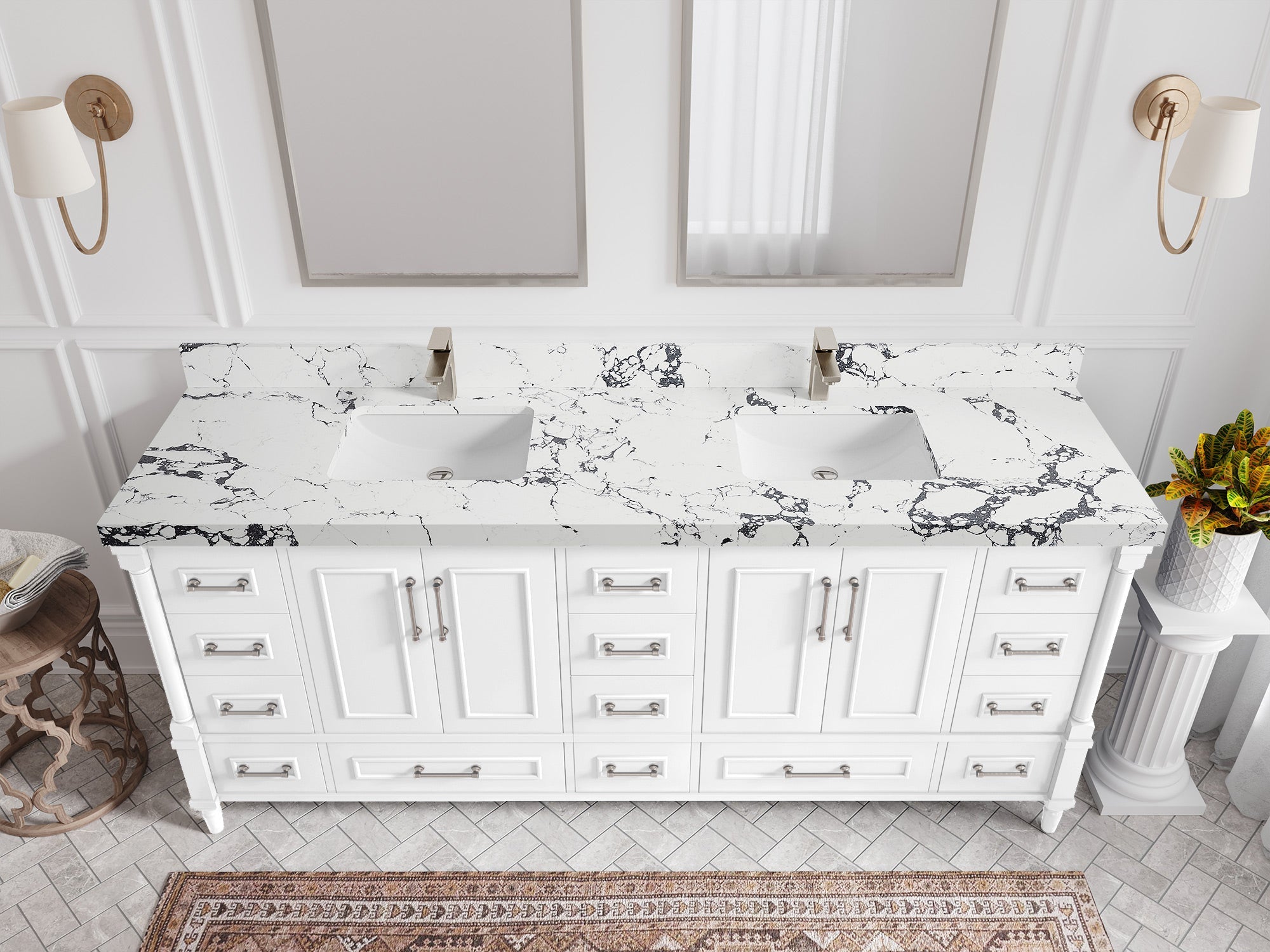 Aberdeen 80 in. W x 22 in. D Double Sink Bathroom Vanity in White with 2 in. Viola Night Quartz Countertop - Top View